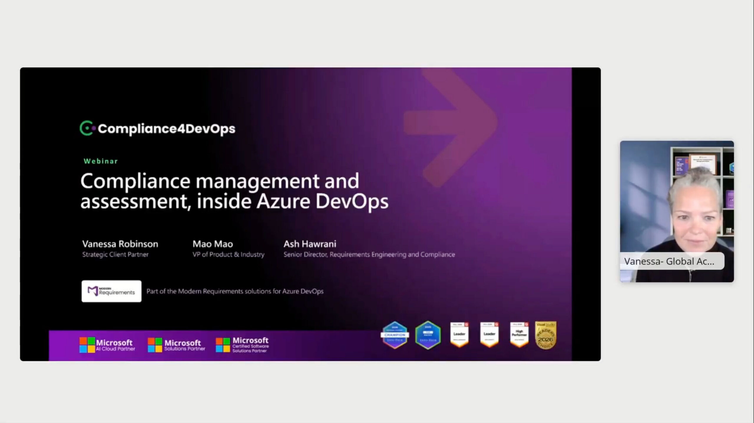 Compliance4DevOps webinar title slide — Compliance management and assessment, inside Azure DevOps